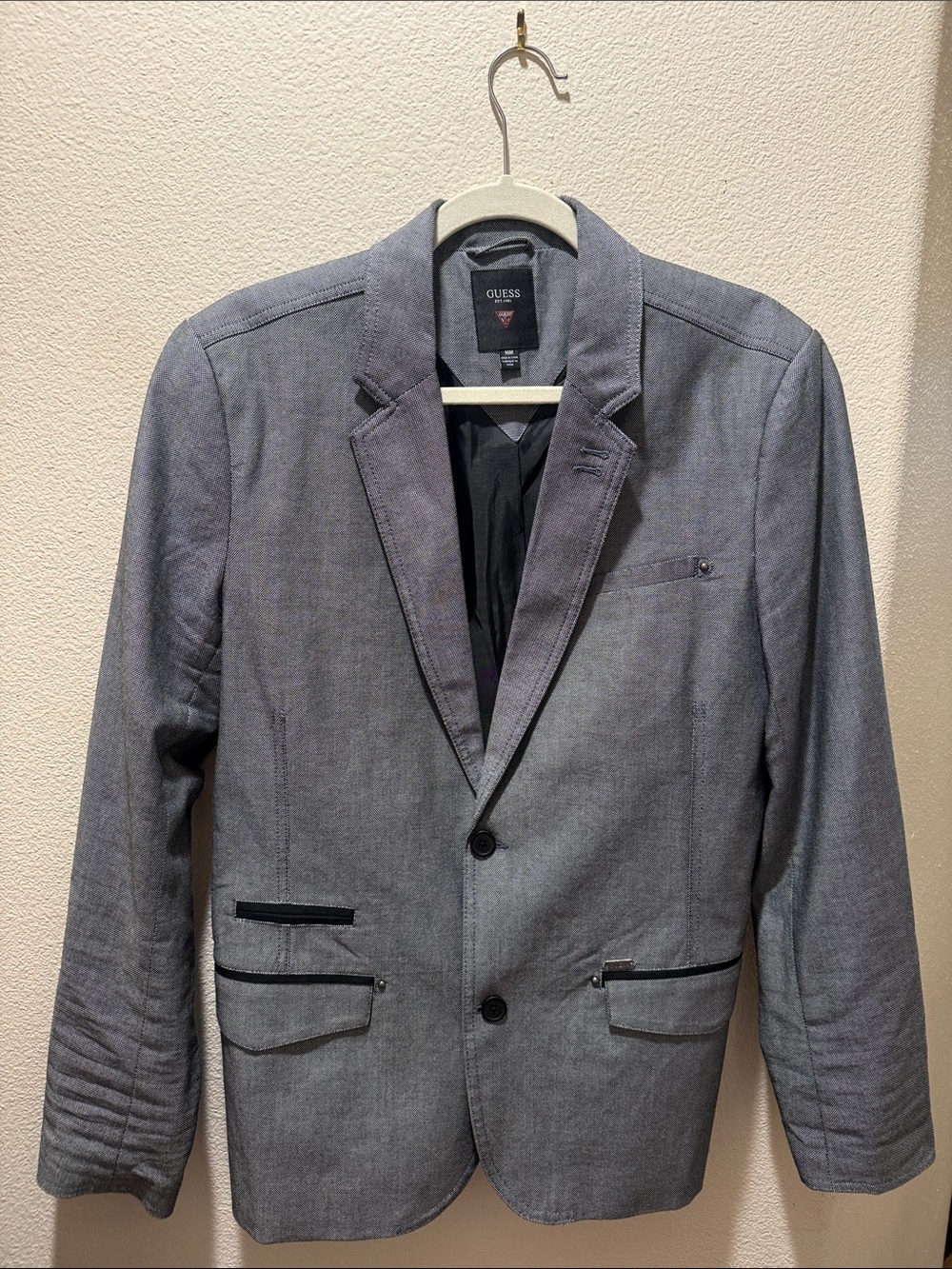 GUESS Men's Gray Two-Button Blazer with Black Trim